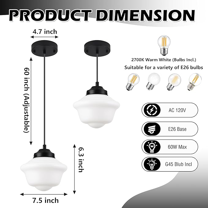 Black Schoolhouse Light Fixture 8" Milk Glass Pendant Light Schoolhouse Pendant Light Milk Glass Light Fixture Mid Century Pendant Light for Bedroom Bathroom Kitchen Hallway (Bulb Incl.)