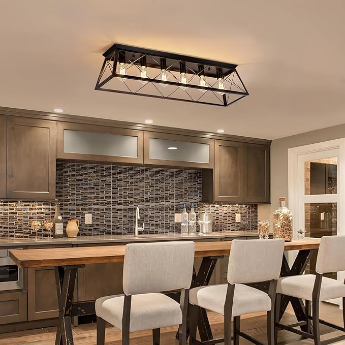 38” Large Black Flush Mount Ceiling Light Fixture, 6-Light Vintage Industrial Cage Chandelier for Dining Room, Kitchen Island, Living Room, Hallway, Dimmable Semi Flush Mount Close to Ceiling Lighting