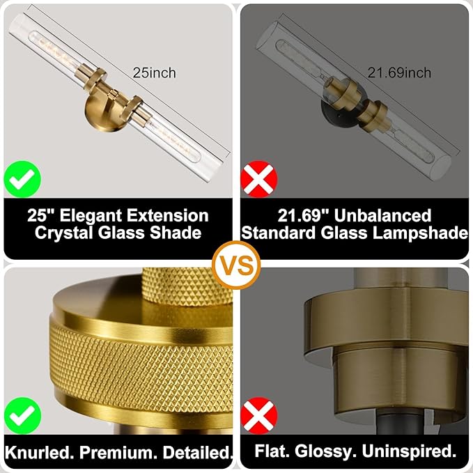 LaLuLa 2-Pack Bathroom Vanity Light Fixtures – Modern 2-Light Gold Wall Sconces with Knurled Texture, Clear Glass Shades, Horizontal or Vertical Mount, Bathroom Lighting Fixtures Over Mirror