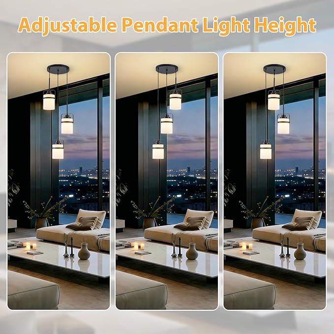 Black 3-Light Pendant Lighting, Adjustable Cluster Hanging Light Fixture with Milk Glass Shade, Modern Pendant Light for Kitchen Island Dining Room Bar