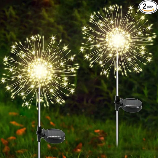 Solar Garden Lights Outdoor, 2 Pack 120 LED Twinkling Firework Lights Decorative with 2 Modes, Outdoor Waterproof Solar Starburst Light for Outside Yard Pathway Garden Decor, Warm White