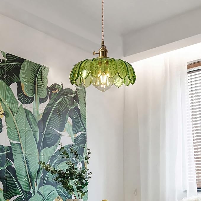 Green Glass Pendant Light Fixtures Medium 9.8 Inches Lampshade Gold Brass Finish and Switch Vintage Pendant Ceiling Lamp Copper Farmhouse Pendant Lighting (Green)