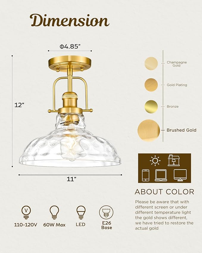 FEMILA 11" Brushed Gold Flush Mount Ceiling Light Fixture, Semi Flush Kitchen and Bedroom Ceiling Light with Water Ripple Glass Shade, 4FY09-F BG-WG