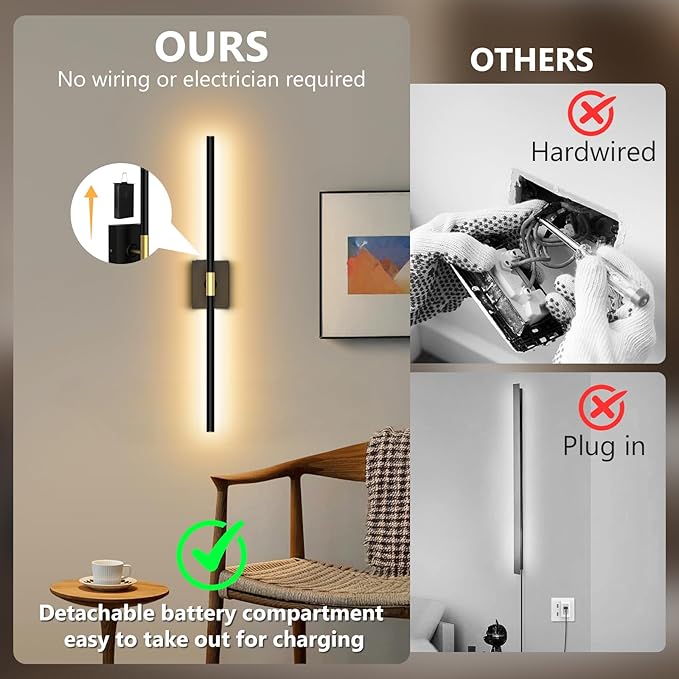 Rechargeable Wall Sconce Set of 2: 10000mAh Battery Operated Wall Sconce with Touch and Remote, 360° Rotate, 4CCT Dimmable Wireless Wall Light LED Wall Lamp for Living Room Bedroom Bathroom, Black