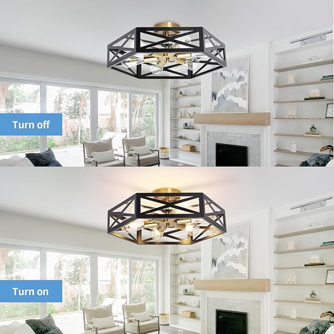 6-Light Semi Flush Mount Ceiling Light, Large Black and Gold Fixtures Ceiling Mount with Hexagon Cage, Metal Industrial Close to Ceiling Light for Hallway, Kitchen, Bedroom (19.68''L)