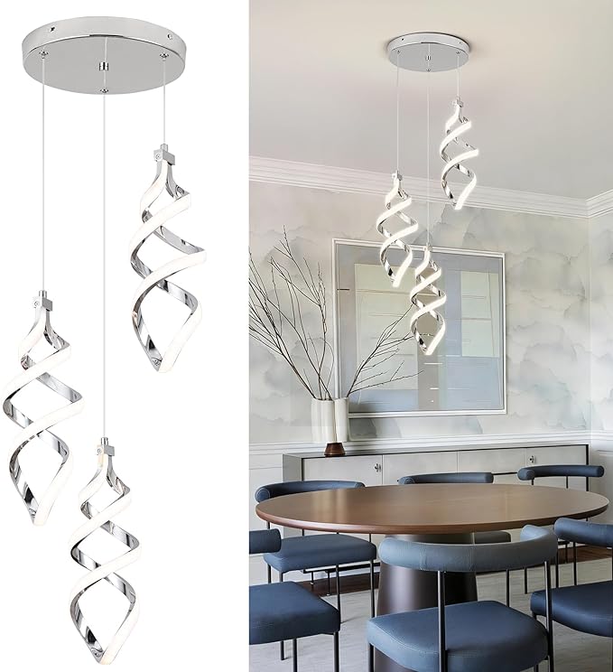 Modern Led Pendant Light Fixture, 45W Chrome Spiral Led Chandelier Hanging Lamp, 4500K Daylight White Pendant Lamp, Adjustable Height Pendant Light for Dining Room Bedroom Kitchen Island (3 Light)