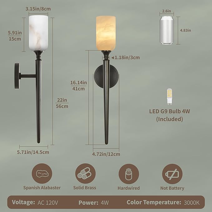 22in Alabaster Wall Sconce, Black Sconces with Spanish Marble, Modern Brass Wall Mounted Lamp, Hardwired LED Wall Lighting for Bathroom Bedroom Living Room Staircase Hallway Dining Room