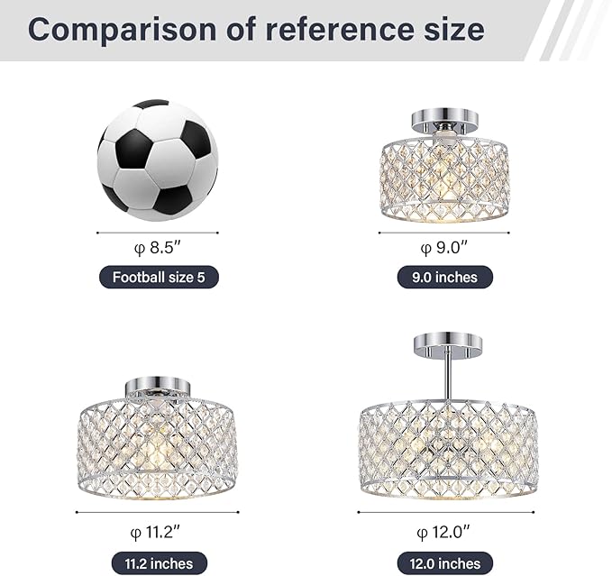 Chrome Crystal Ceiling Light Fixture,Modern Semi Flush Mount Ceiling Lighting Fixture,Round Small Chandelier for Hallway, Entryway, Laundry Room, Kitchen, Bedroom, Foyer, Bathroom, 1 Light, 9 inch