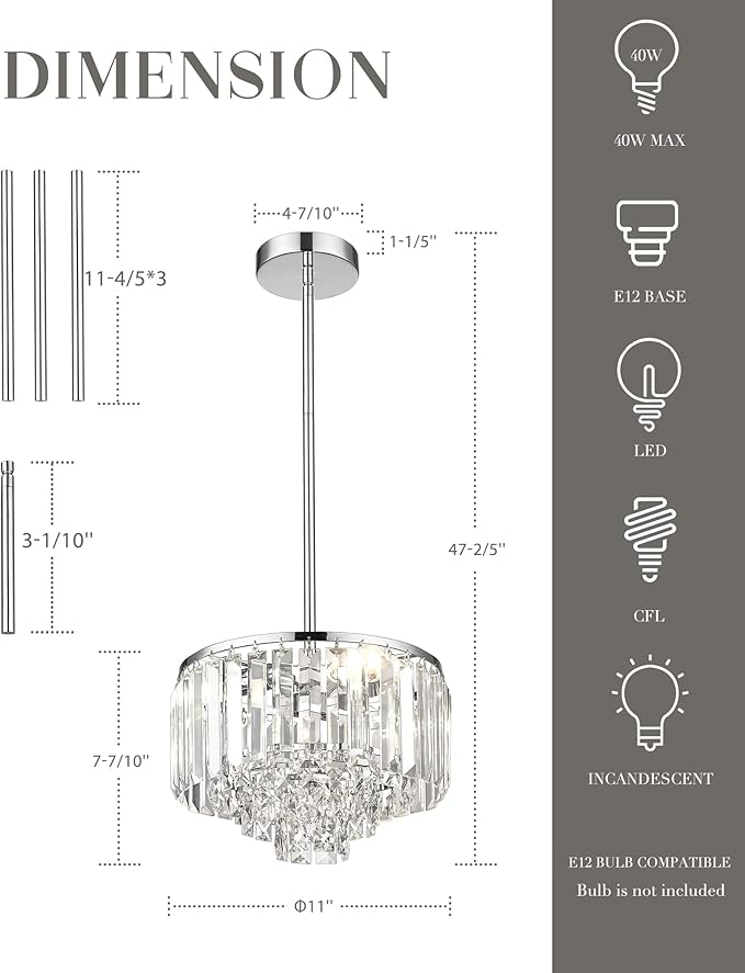 Crystal Chandelier, 4-Tier Modern Chandelier with Polished Chrome Finish, Pendant Light for Dinning Room Kitchen Island Bedroom Entryway, CC4215-3W-PC