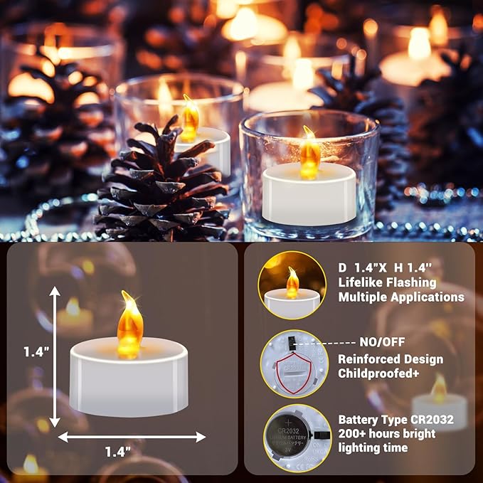 Tea Lights Battery Operated Candles LED Tea Lights Flameless Candles 200+ Hours Flickering Fake Tealights for Sweetest Day Wedding Home Decorations Party (Warm Yellow, 12 Pack)