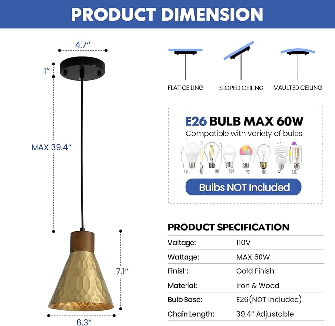 Modern Brass Pendant Lights Kitchen Island, Mid Century Dome Pendant Light, Small Industrial Hanging Pendant Lighting for Dining Room, Bedroom, Sink, Bar, 3 Pack