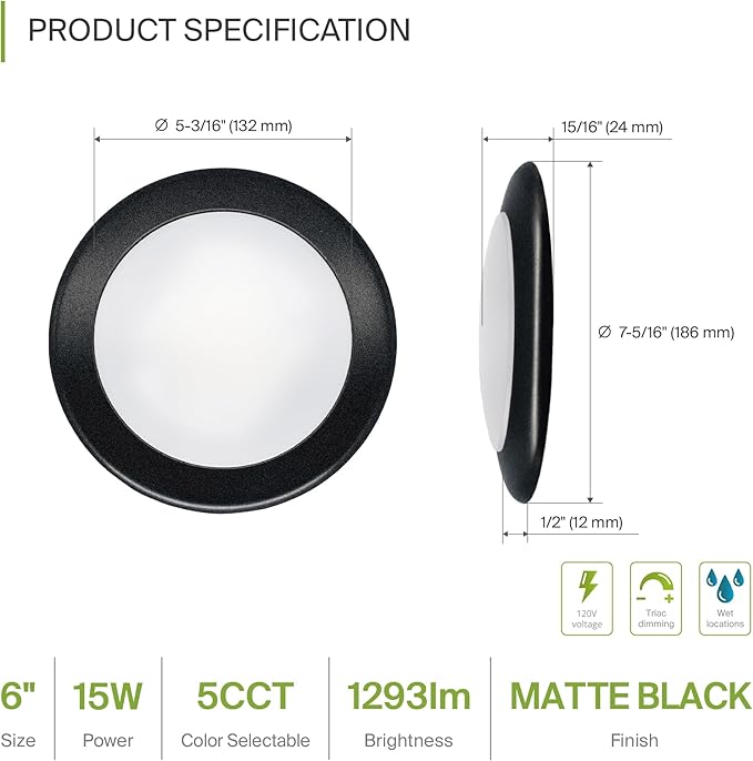 ASD 6 Pack LED Disk Lights 6 Inch, 15W 5CCT 2700K-5000K 1245LM CRI90+, Dimmable Flush Mount Ceiling Light Fixture, Low Profile Surface Mount Disc Lights, Junction Box or Recessed Can Install, ETL