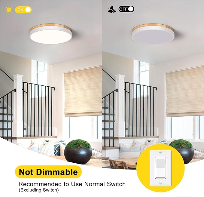 Modern Wood White Flush Mount Ceiling Light, 11.81" Round LED Low Profile Close to Ceiling Fixture for Kitchen Bedroom Bathroom Laundry Hallway Entryway Closet Living Room