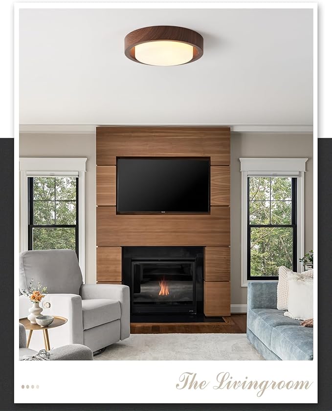Walnut Wood Flush Mount Ceiling Light Fixture,16 Inch Ceiling Light with Frosted Glass Shade,High Deep Profile Round Ceiling Lights for Hallway Bedroom Closet Livingroom