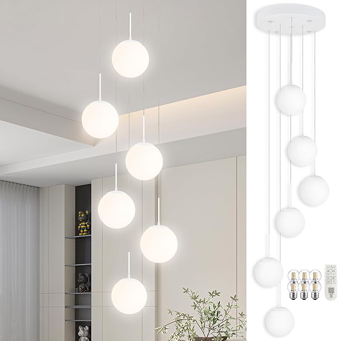 KoKo&Yukina Globe Pendant Light 6 Light White Globe Pendant Lights Kitchen Island Mid Century Light Fixture with Milky White Glass Shade Lights for Staircase