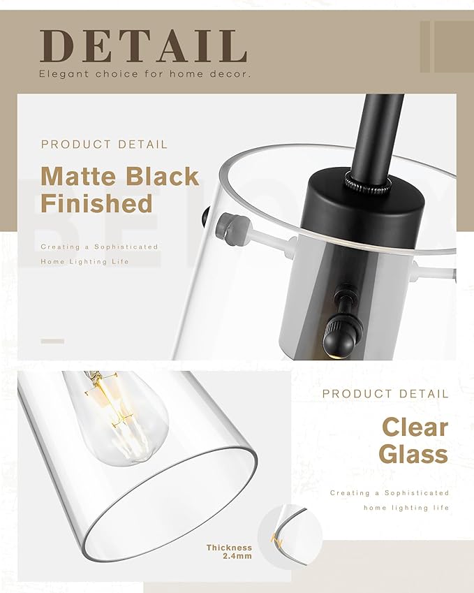 Beionxii Pendant Lights Kitchen Island, Matte Black Hanging Lights Fixtures with Clear Glass, Kitchen Pendant Lighting Over Island, Hanging Lights for Sink, Dining Room, Entryway, BX-PL03MB-2CG
