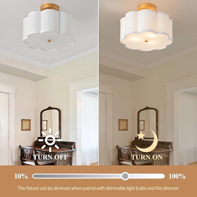 Bargeni Semi Flush Mount Ceiling Light,13 inch Modern Ceiling Light Fixture,Gold Light Fixtures Ceiling Mount with Flower-Shaped Fabric Shade, Flush Mount Light Fixture for Bedroom,Living Room,Hallway