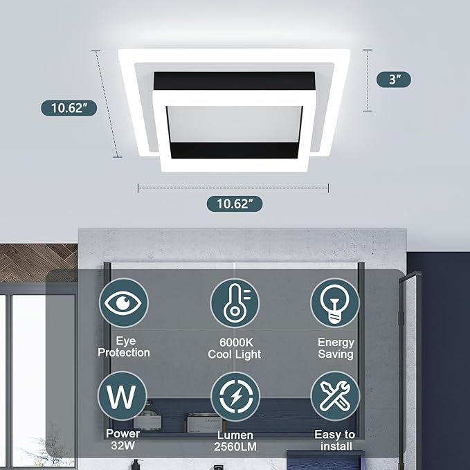 32W Modern LED Ceiling Light, Small Flush Mount Light Fixture, Kitchen Ceiling Light Fixture, Square Hallway Lighting Fixtures for Living Room Bedroom Bathroom Kitchen (3 Pack)