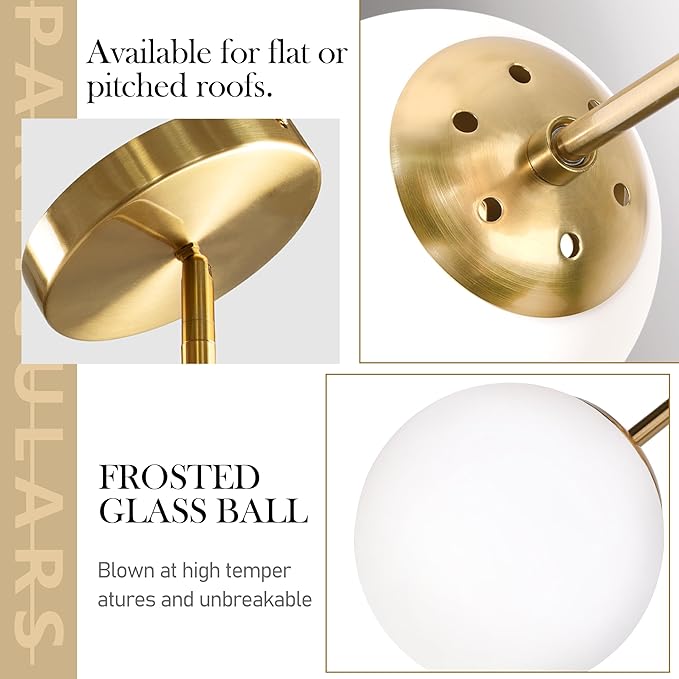 Bagood 10 Inch Globe Pendant Light Gold Mid Century Pendant Light Contemporary Globe Pendant Lights Adjustable Hanging Light Fixture Milk Glass with Brass Finish for Dining Room Kitchen Island
