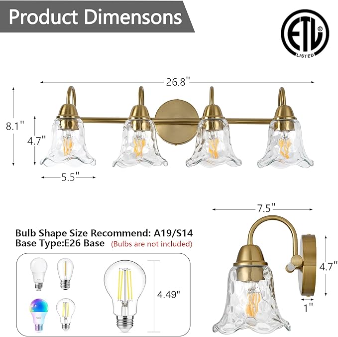 Bathroom Light Fixtures Over Mirror, 4 Lights Vintage Wall Sconces with Hammered Glass Shade, 26.8" Gold Bathroom Wall Light Fixtures for Bedroom, Porch, Hotel, Mirror Cabinet