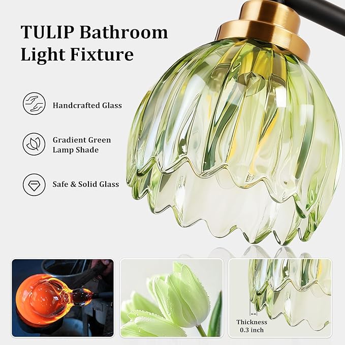TALOYA Bathroom Vanity Light Fixtures, 4-Light Modern Black and Gold Wall Lights for Mirror, Green Tulip Glass Shades Over Sink Lighting for Bedroom, Living Room, and Hallway,Farmhouse
