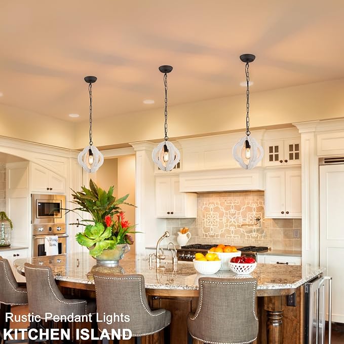 9.84" Modern Farmhouse Wood Pendant Lights Kitchen Island Small Orb Distressed White Oak Pendant Light Rustic Ceiling Hanging Light for Kitchen Over Sink Hallway Entryway Foyer Adjustable Chain E26