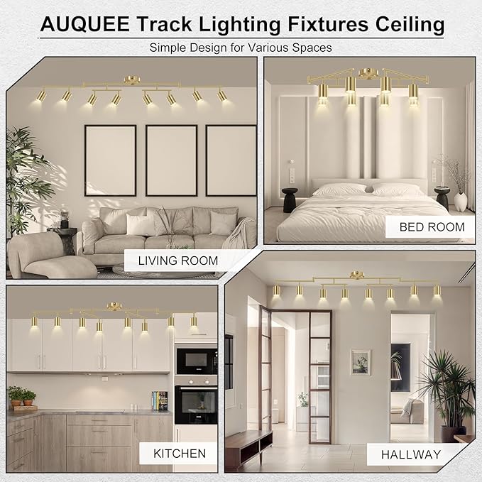 AUQUEE 8 Light Track Lighting Fixtures Ceiling, Gold Kichen Track Lighting Fixtures, Rotatable Light Heads, Adjustable Modern LED Track Lights for Kitchen/Hallway, No GU10 Bulb