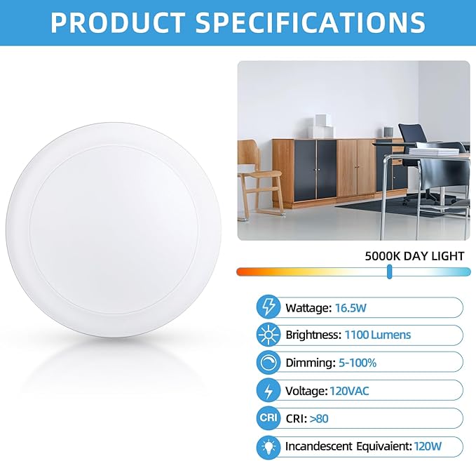 ECOELER 6 Inch LED Disk Lights, Dimmable Surface Mount/Recessed Ceiling Downlight, 16.5W 1100Lm 5000K Daylight, Retrofit Disc Ceiling Light for Stairwell, Basement, Garage, ETL Listed, 12 Pack
