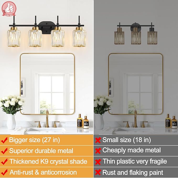 Modern Crystal Bathroom Vanity Light, 4-Light Black and Gold Bathroom Light Fixtures, Clear K9 Crystal Shades, Adjustable Up/Down Mount, E26 Base Wall Sconce (Bulbs Not Included)