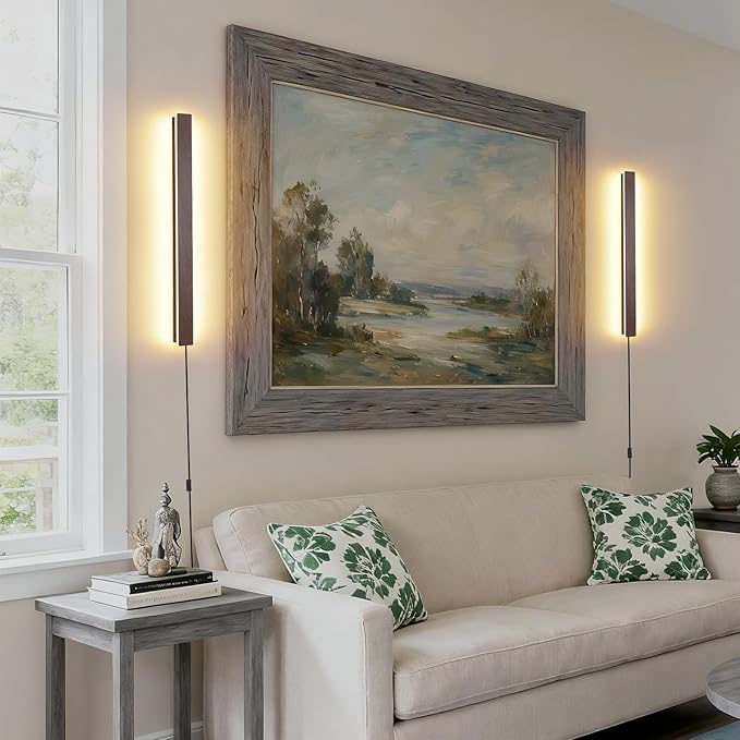 Farmhouse Plug in Wall Sconces, 23.6 inch Faux Walnut Finish LED Long Wall Lights, 12W Warm White 3000K Acrylic Indoor Wall lamp,with 59" Plug Cable for Bedroom, Living Room, Bathroom Makeup, Hallway