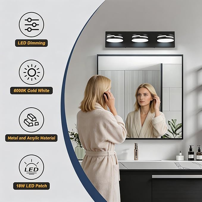 Vanity Lights for Bathroom, Matte Black Bathroom Light Fixtures Over Mirror, 3-Light Modern LED Wall Sconce Makeup Lighting, 350° Rotatable, Dimmable 6000K Cool White, Hardwired