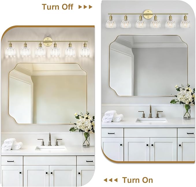 Vintage Bathroom Light Fixtures,6-Light Hardwired Vanity Lights with Clear Tulip Glass Shade,Gold Bathroom Vanity Light for Mirror Restroom,E26 Socket,40.55 in(Bulbs Not Included)