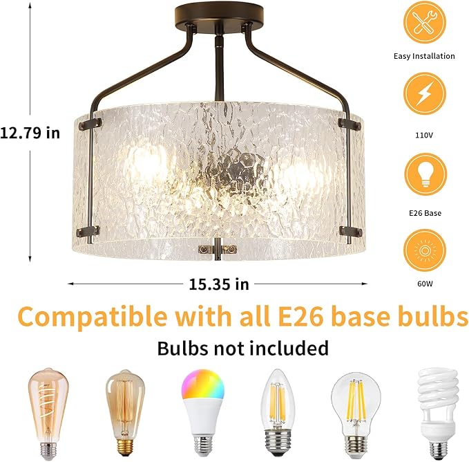 Semi Flush Mount Ceiling Light Fixture 16''Glass Chandelier Kitchen Lighting Fixtures Ceiling 3-Light Black Chandelier Hallway Light Fixture for Foyer Porch Bedroom Laundry Room