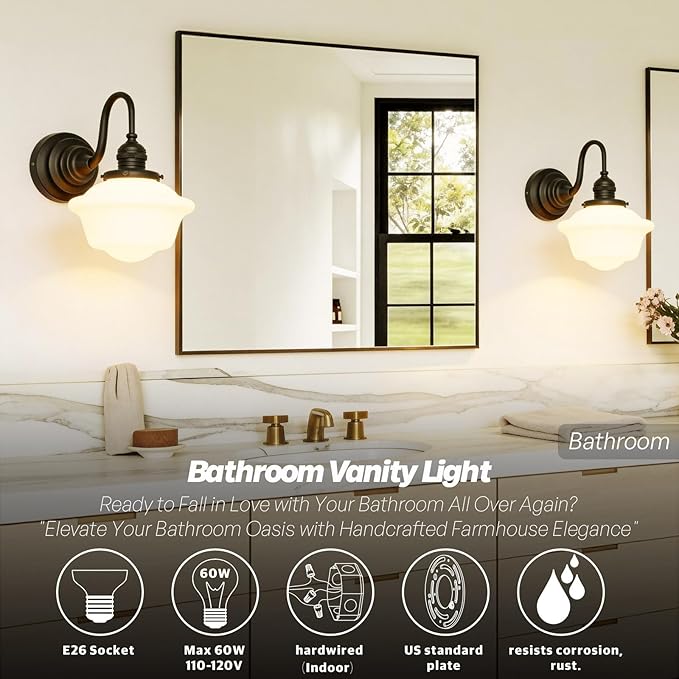 Vintage Wall Sconce Light Hardwire Black Bathroom Vanity Light with Frosted Milk White Gyro Glass Shade Modern Farmhouse Wall Lamp Fixture for Bathroom Mirror Living Room Bedroom Indoor