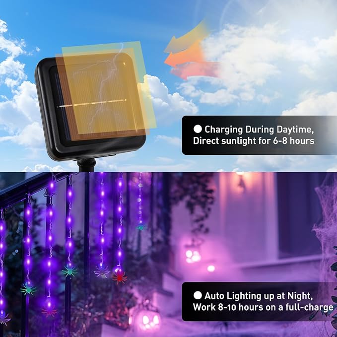 Halloween Spider Curtain String Lights, 7.2Ft Halloween Decorations Outdoor Indoor with 12 Multicolor Spiders and 60 Purple LED Bulbs Fairy Lights for Window Porch Garden Party Décor, Solar Powered