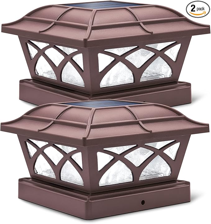 SIEDiNLAR Solar Post Cap Lights Outdoor Glass 2 Color Modes 8 LEDs for 4x4 5x5 6x6 Posts Deck Fence Patio Decoration Warm White & Cool White Lighting Brown (2 Pack)