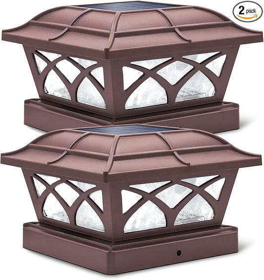 SIEDiNLAR Solar Post Cap Lights Outdoor Glass 2 Color Modes 8 LEDs for 4x4 5x5 6x6 Posts Deck Fence Patio Decoration Warm White & Cool White Lighting Brown (2 Pack)