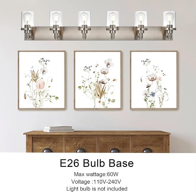 6-Light Vanity Light Fixture Modern Bathroom Light Fixtures Over Mirror, Brushed Nickel Finish with Clear Glass Wall Sconces Lighting for Bathroom Mirror Bedroom Kitchen Corridor Staircase