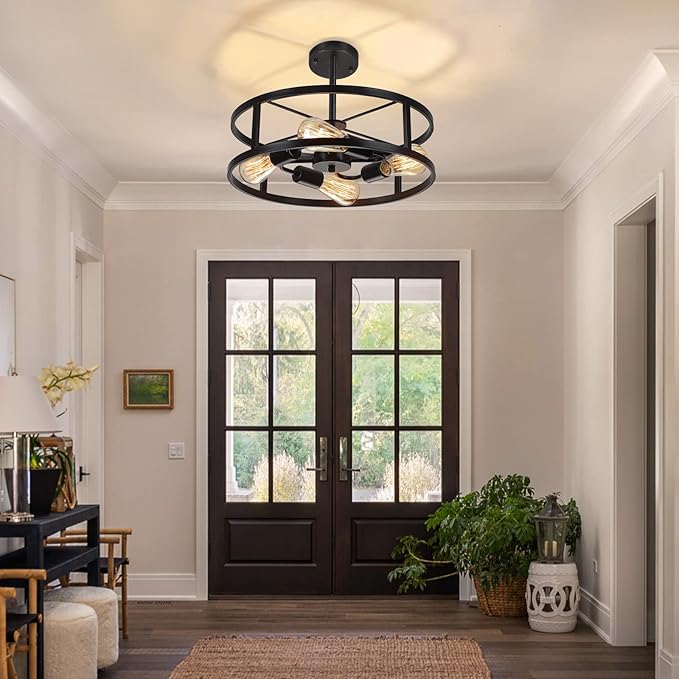 Black Semi Flush Mount Ceiling Light,Industrial Farmhouse Sloped Lights Fixture, Adjustable Height Metal Lighting for Kitchen Dining Room Entryway Hallway Living Room