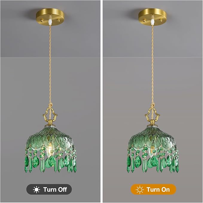 Brass Vintage Pendant Light Green Crystal Hanging Light Fixtures,Adjustable Height Green Glass Pendant Lights for Kitchen Island Dining Room Living Room Bedroom Hallway(Green,2-Pack)