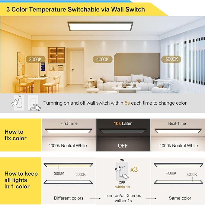 AIKVSXER 18PACK 1x4 LED Flat Panel Light Surface Mount LED Ceiling Light, 5500LM 50W TRIAC 10-100% Dimmable, 3000/4000/5000k AC120V Kitchen Lights Ceiling Flush Mount for Garage/Basement Black