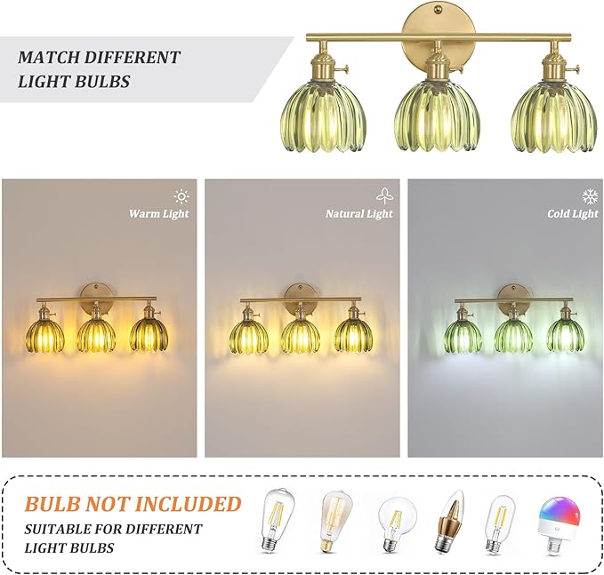 Shenmoyl Bathroom Light Fixtures, 3-Light Brass Vanity wall Light Over Mirror with Green Tulip Glass Shade for Bedroom Living Room (Bulb Not Included)