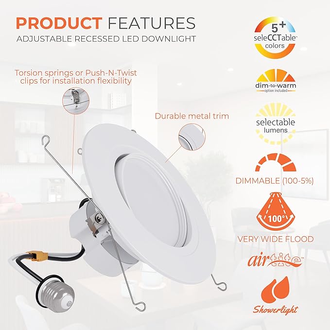 HALO RA 6 inch LED Recessed Light Trim with Adjustable Gimbal, Selectable Lumens and Selectable Color Temperature, Dim-to-Warm Feature, Damp Location Rated RA56LS9FSD2W1EWH
