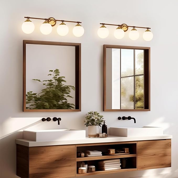 Rayogale Walnut Bathroom Light Fixtures, ETL 4 Lights Vanity Lights Over Mirror with Milk Glass Soft Lighting 32 Inch Bathroom Sconces(Exclude E26 Bulb)