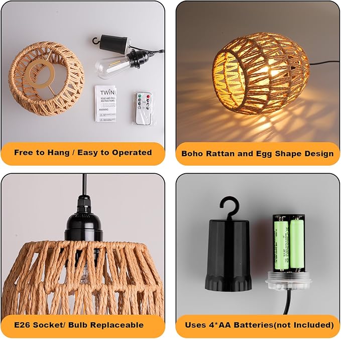 Battery Operated Chandelier, 2 Pack Natural Rattan Pendant Lights - Waterproof Outdoor Boho Hanging Lamps with Egg-Shaped Design, for Patios, Pergolas, Porch, Gazebo & Indoor Ceiling Decor