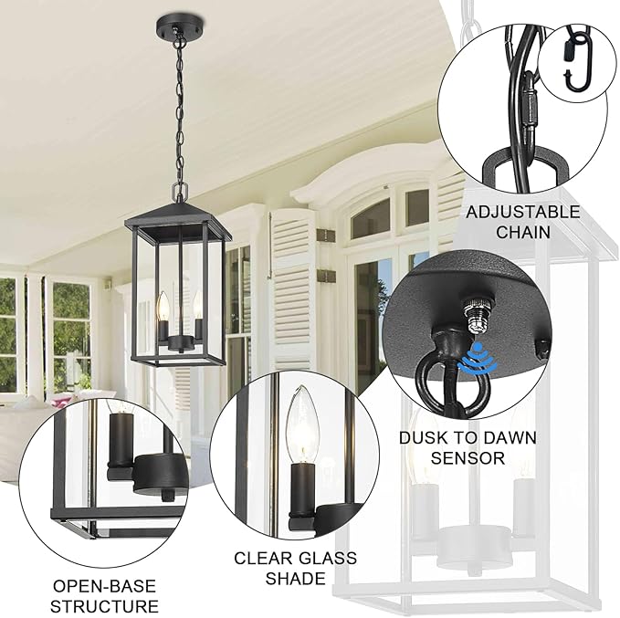 Large Outdoor Pendant Light Matte Black Hanging Light Fixture Ceiling Mount 2-Light, Dusk to Dawn Modern Large Outdoor Chandelier with Clear Glass Exterior Pendant Lights for Porch Patio