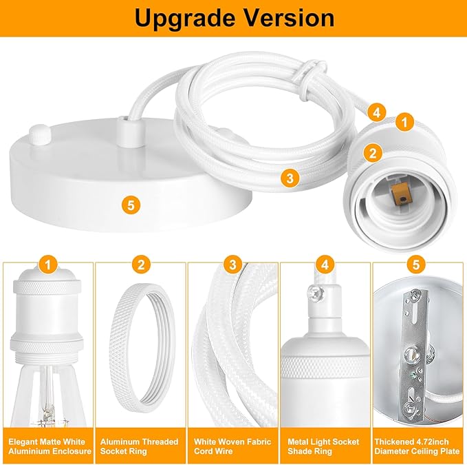 Upgraded White Pendant Light kit, UL E26/E27 Lamp Socket with Aluminium Enclosure Pendant Light Cord, Industrial Hanging Light Cord Kit with Adjustable Length, Mini Edison Retro Lamp Socket