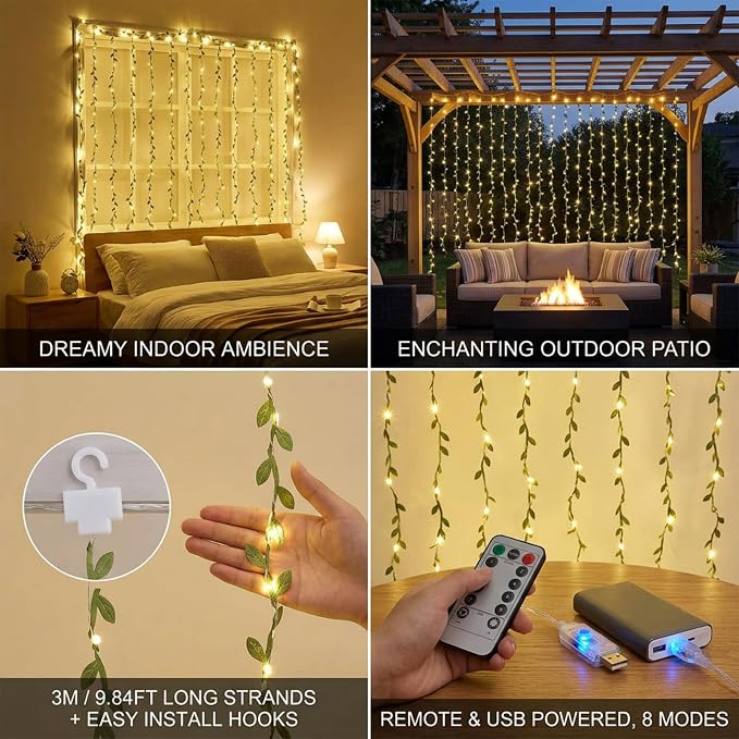 Vine with Fairy Lights USB Plug - 300 LED 9.8x9.8ft Hanging String Lights | Green Leaf, with Hook Remote, Greenery Garland Ivy Lights for Christmas Wedding Wall Ceiling Mantle Garden Decor DIY Crafts