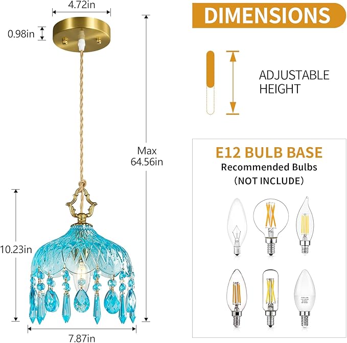 Brass Vintage Pendant Light Blue Crystal Hanging Light Fixtures,Adjustable Height Blue Glass Pendant Lights for Kitchen Island Dining Room Living Room Bedroom Hallway(Blue,1-Pack)