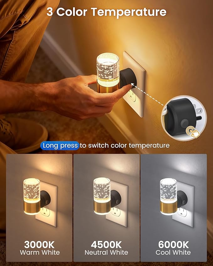NIORSUN Night Light Plug into Wall, Dimmable Nights Lights with 3 CCT & 5 Brightness Levels, Slim Acrylic Plug in Night Light, Auto Dusk to Dawn Sensor for Stairs, Hallway, Bathroom, Gold, 6 Pack